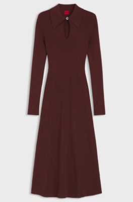 Slim-fit midi dress with keyhole polo collar, Brown