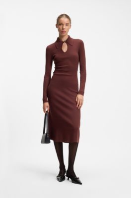 Slim-fit midi dress with keyhole polo collar, Brown