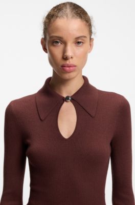 Slim-fit midi dress with keyhole polo collar, Brown