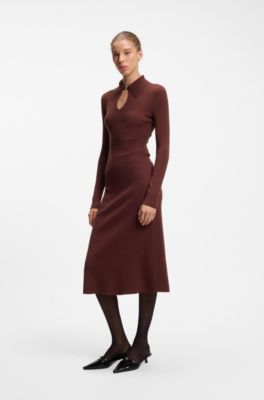 Slim-fit midi dress with keyhole polo collar, Brown