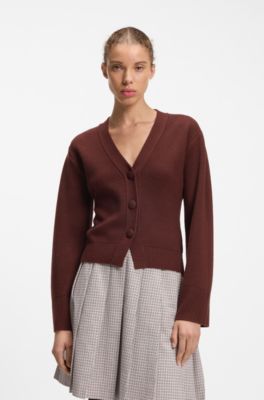 Cardigan in misto lana con logo a rivetto, Marrone