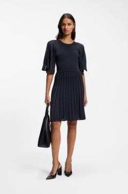 Knitted dress with open lace-stitch detail, Dark Blue