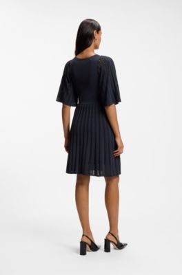Knitted dress with open lace-stitch detail, Dark Blue