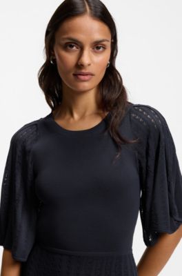 Knitted dress with open lace-stitch detail, Dark Blue