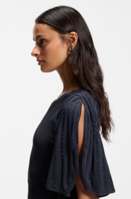 Knitted dress with open lace-stitch detail, Dark Blue
