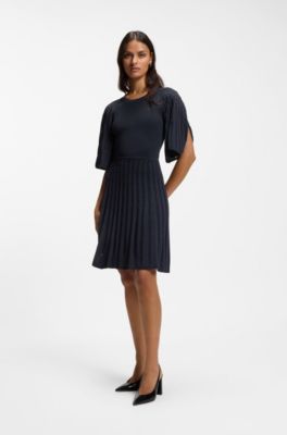 Knitted dress with open lace-stitch detail, Dark Blue
