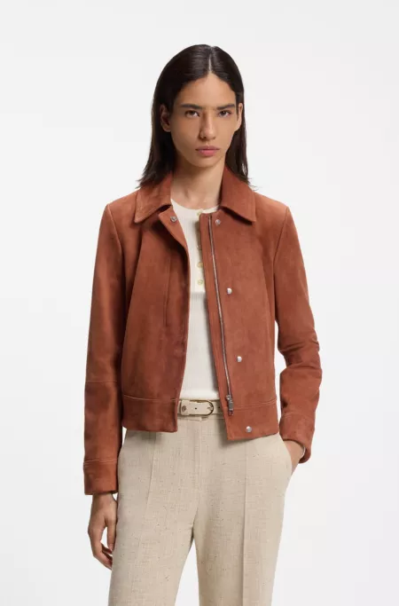 Suede jacket with covered zip closure