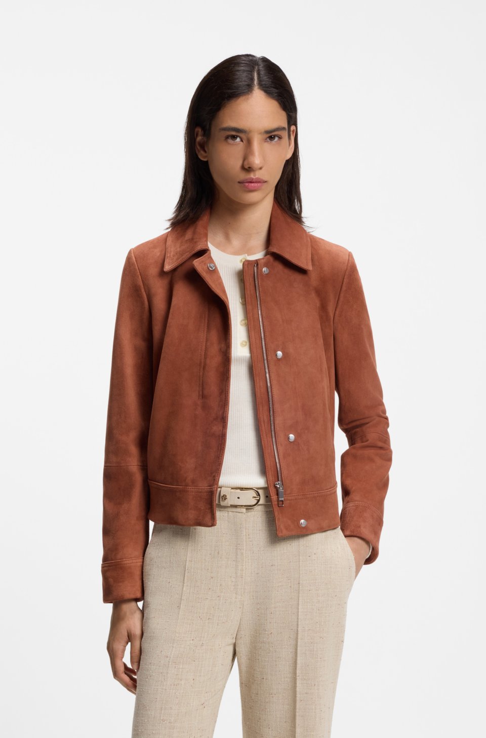 Suede jacket with covered zip closure
