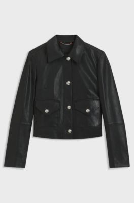 Leather jacket with polished logo buttons, Black