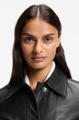 Leather jacket with polished logo buttons, Black