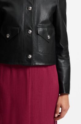 Leather jacket with polished logo buttons, Black
