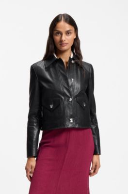 Leather jacket with polished logo buttons, Black