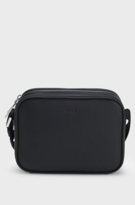 Crossbody bag in grained leather with embossed logo, Black