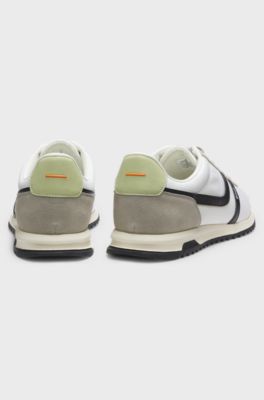 Sneakers con logo e rifiniture in similpelle scamosciata, Grigio chiaro