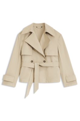 Cropped belted trench coat in cotton twill, Beige