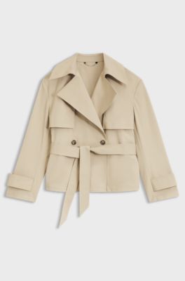 Cropped belted trench coat in cotton twill, Beige