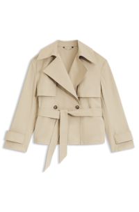 Cropped belted trench coat in cotton twill, Beige