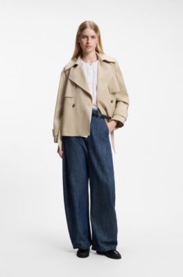 Cropped belted trench coat in cotton twill, Beige