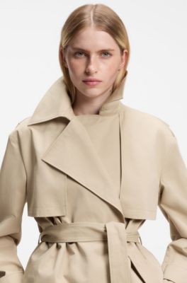 Cropped belted trench coat in cotton twill, Beige
