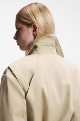 Cropped belted trench coat in cotton twill, Beige