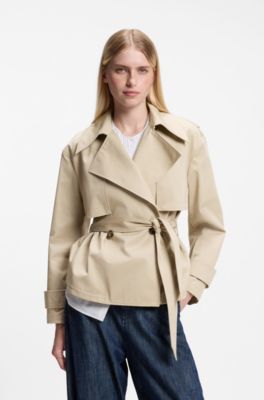 Cropped belted trench coat in cotton twill, Beige