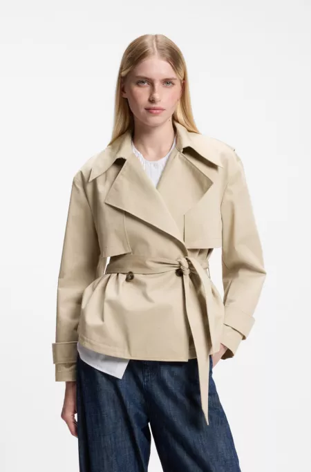 Cropped belted trench coat in cotton twill