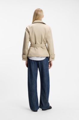 Cropped belted trench coat in cotton twill, Beige
