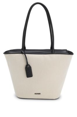 Canvas shopper bag with faux-leather trims, Light Beige