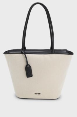 Canvas shopper met details van imitatieleer, Lichtbeige