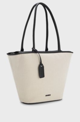 Shopper in tela con rifiniture in similpelle, Beige chiaro
