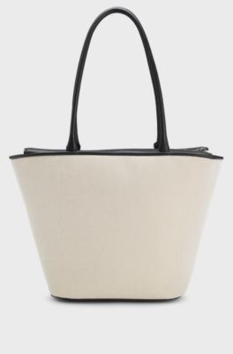 Bolso shopper de lona con apliques de piel sint&eacute;tica, Beige claro
