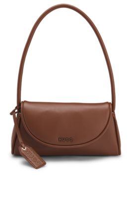 Faux-leather shoulder bag with logo tag, Brown