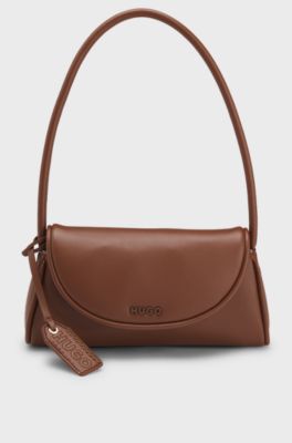 Faux-leather shoulder bag with logo tag, Brown