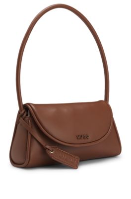Faux-leather shoulder bag with logo tag, Brown
