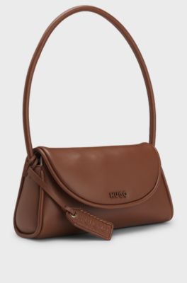 Faux-leather shoulder bag with logo tag, Brown