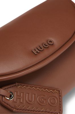 Faux-leather shoulder bag with logo tag, Brown