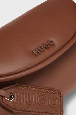 Faux-leather shoulder bag with logo tag, Brown