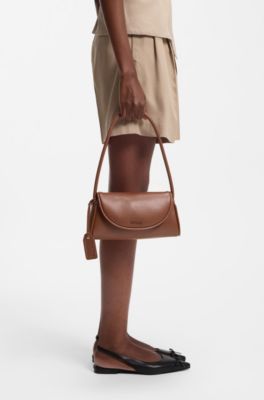 Faux-leather shoulder bag with logo tag, Brown