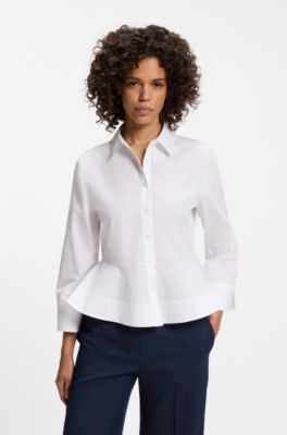 Slim-fit blouse in cotton with peplum hem, White