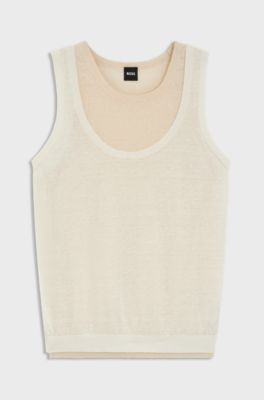 Sleeveless top in linen and cotton with layered design, Light Beige