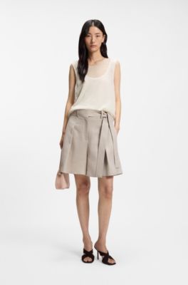 Sleeveless top in linen and cotton with layered design, Light Beige