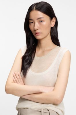 Sleeveless top in linen and cotton with layered design, Light Beige