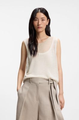 Sleeveless top in linen and cotton with layered design, Light Beige