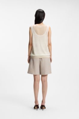 Sleeveless top in linen and cotton with layered design, Light Beige