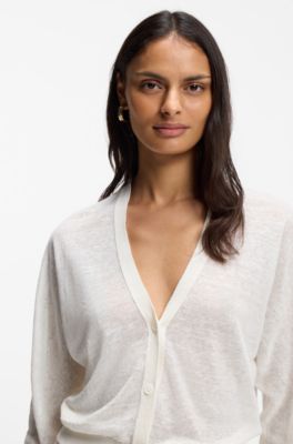 Linen-cotton cardigan with buttoned front, White