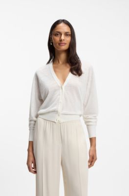 Linen-cotton cardigan with buttoned front, White