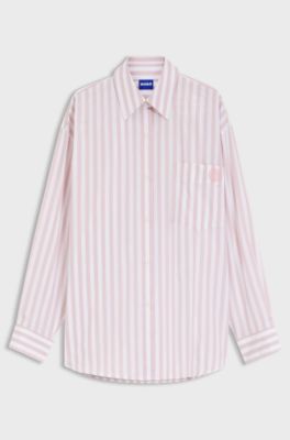Oversized blus i randig bomull med Happy HUGO-logga, ljusrosa