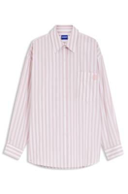 Striped-cotton oversized-fit blouse with Happy HUGO logo