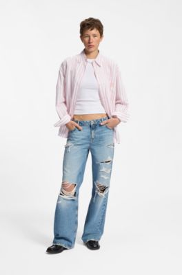 Striped-cotton oversized-fit blouse with Happy HUGO logo, light pink