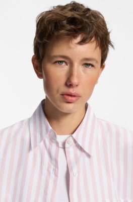 Oversized blus i randig bomull med Happy HUGO-logga, ljusrosa